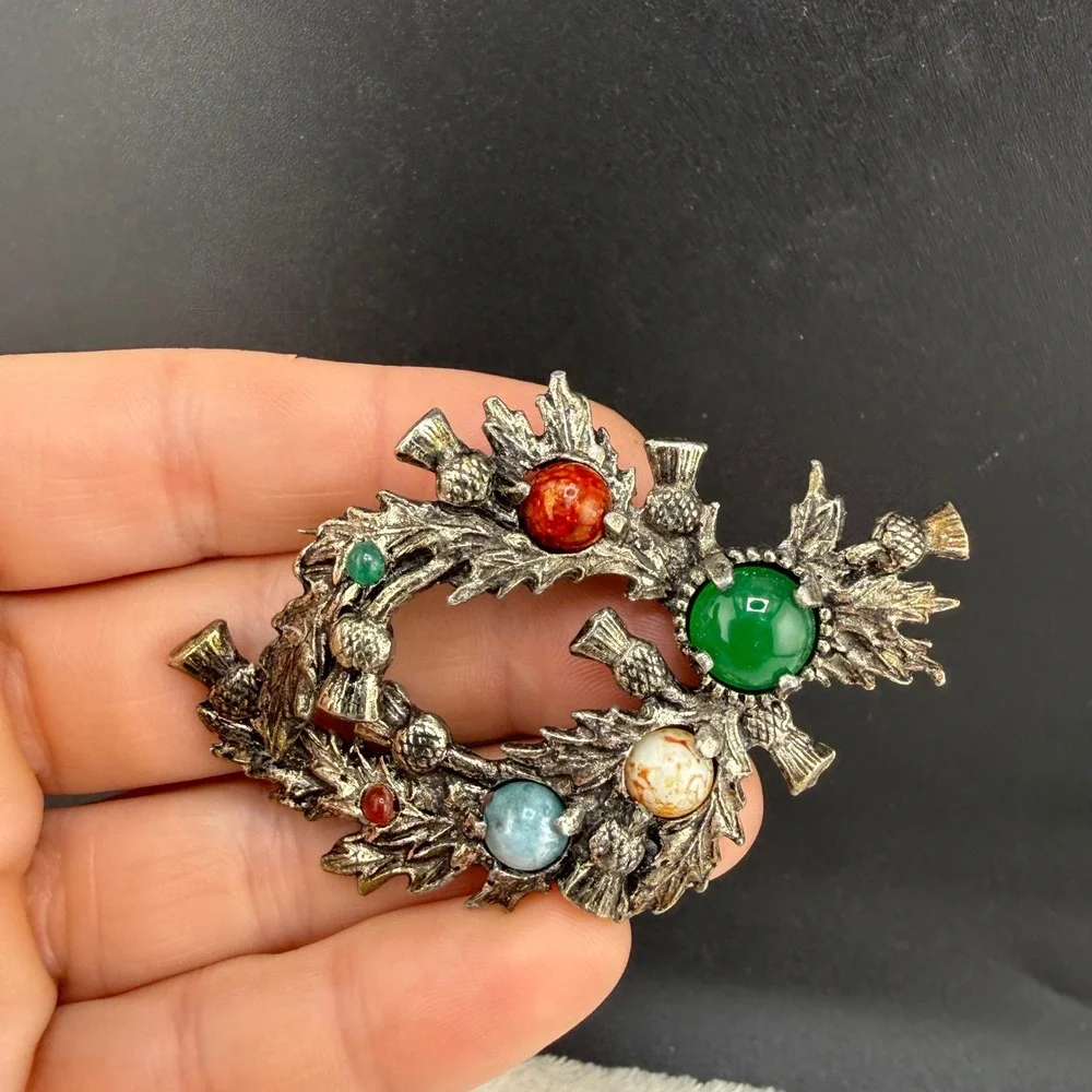 Vintage Jacobite Brooch Silver Tone Scottish Thistle Wreath Multicolor Stone